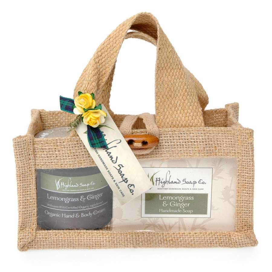 Scottish Highland Soap Company - Hand & Body Lemongrass & Ginger Cream with Soap Jute Bag Gift Set